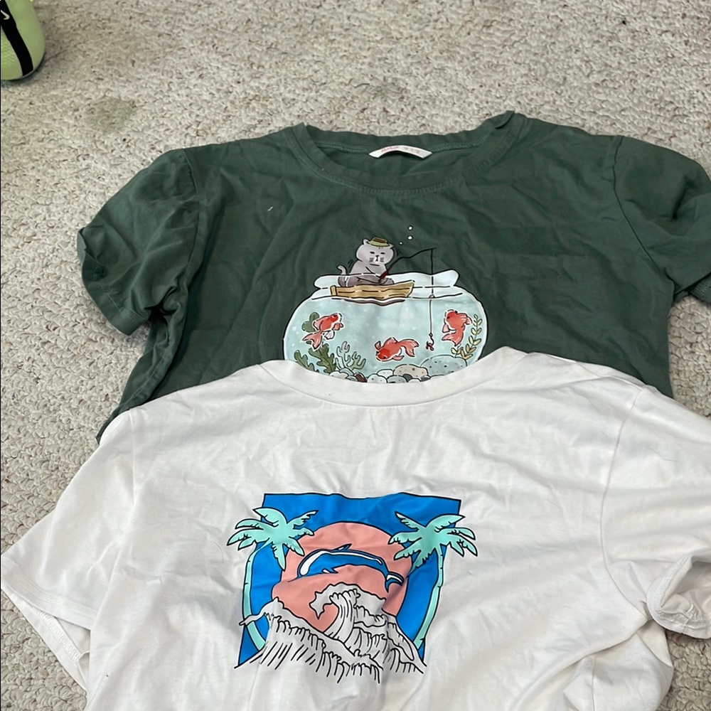 Green and White Graphic T-Shirts